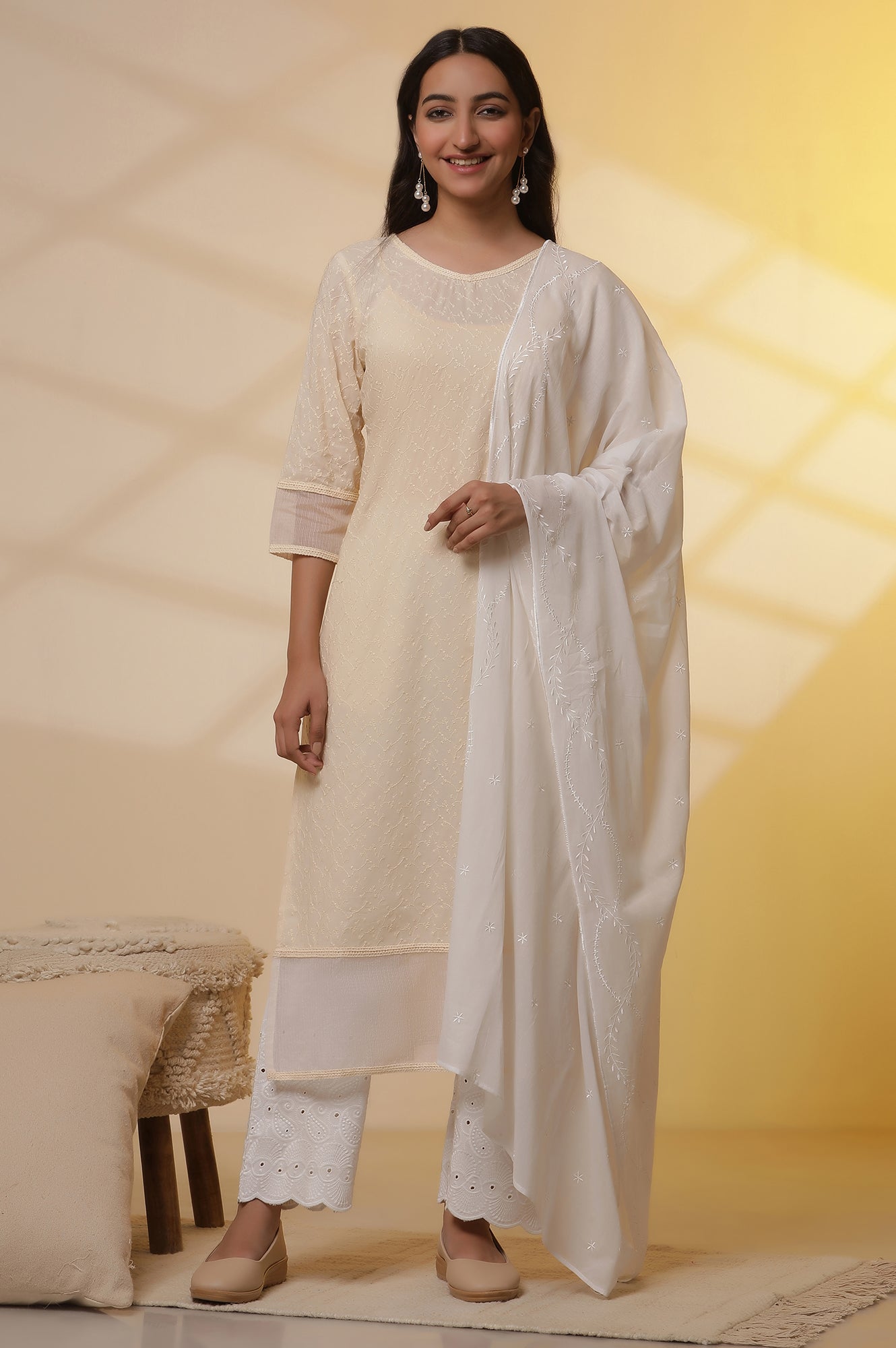 Yellow Embroidered Schiffli Kurta, Palazzo and Dupatta Set