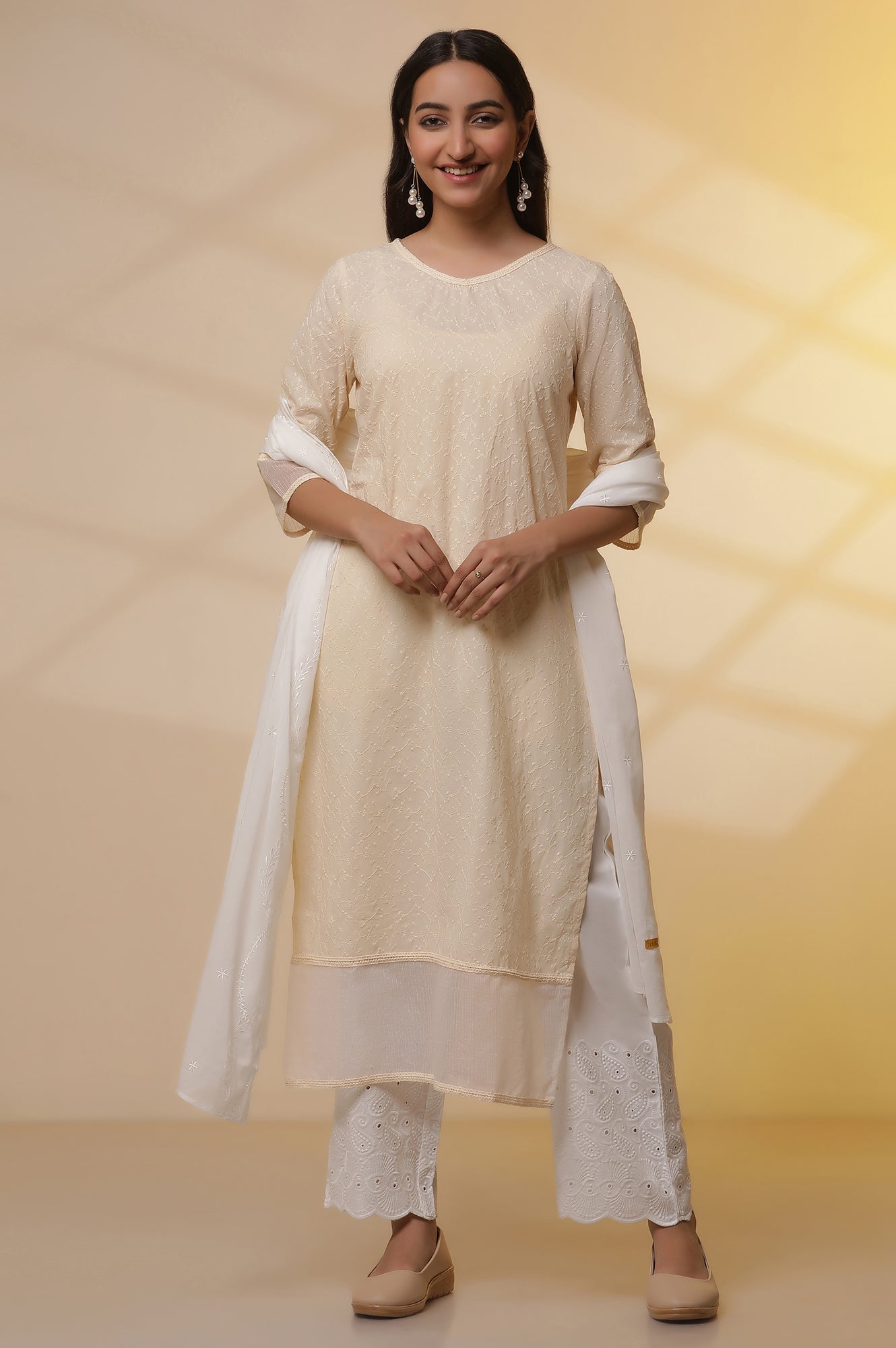 Yellow Embroidered Schiffli Kurta, Palazzo and Dupatta Set