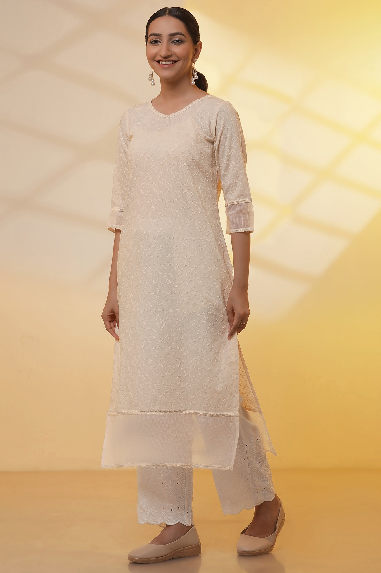 Yellow Embroidered Schiffli Kurta, Palazzo and Dupatta Set