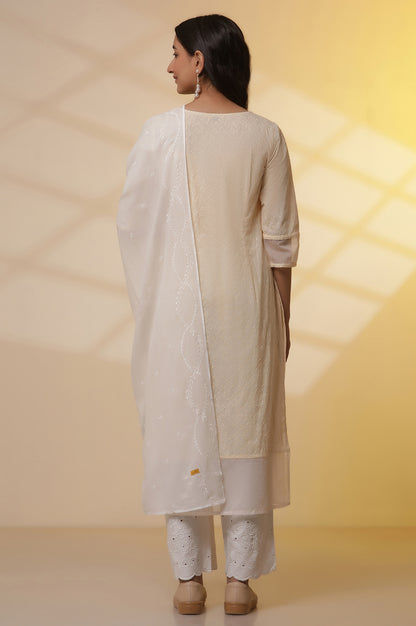 Yellow Embroidered Schiffli Kurta, Palazzo and Dupatta Set