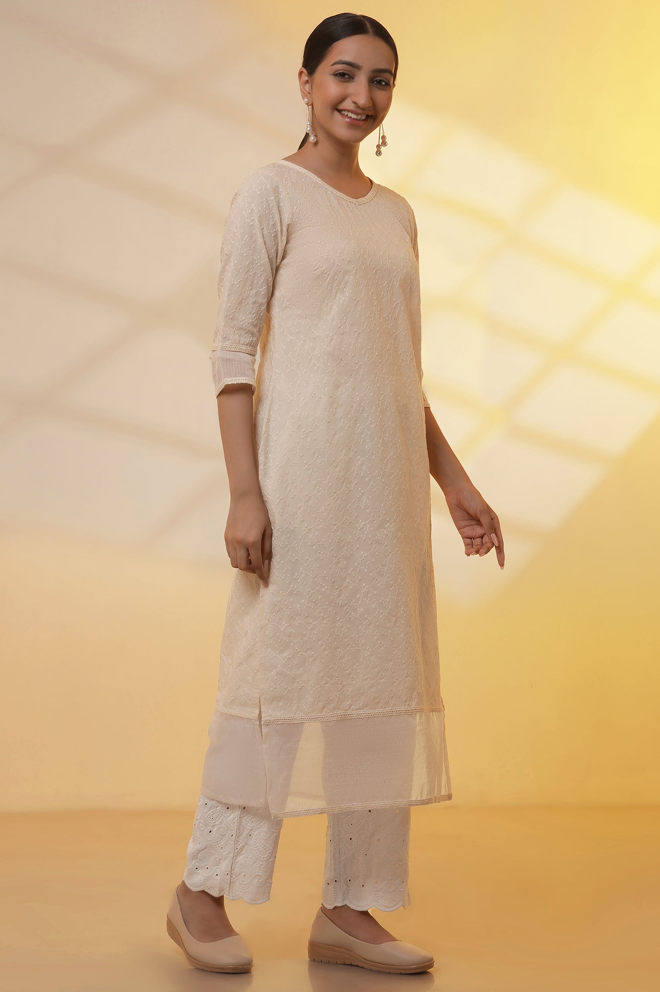 Yellow Embroidered Schiffli Kurta, Palazzo and Dupatta Set