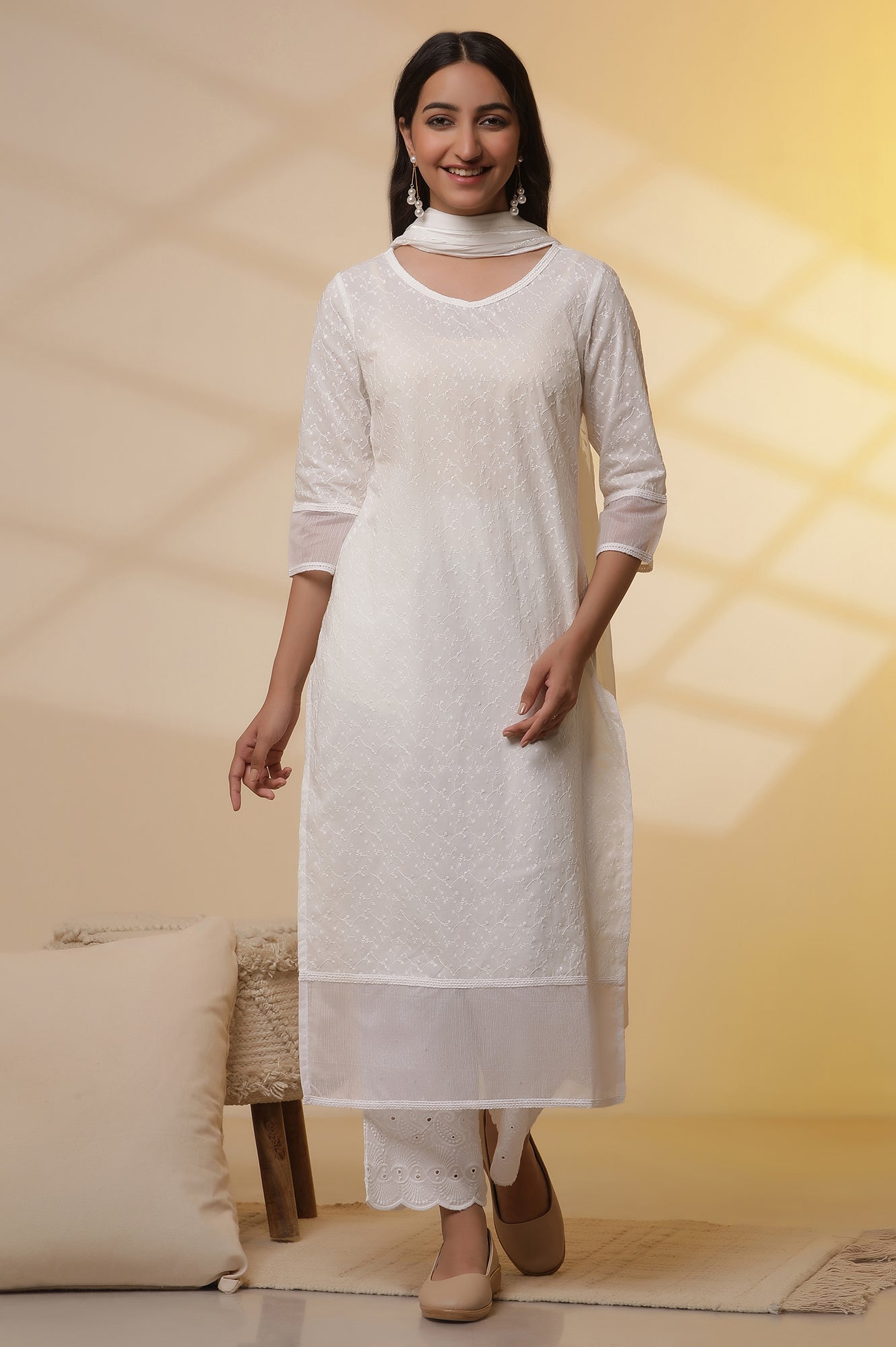 White Embroidered Cotton Kurta, Palazzo and Duptta Set