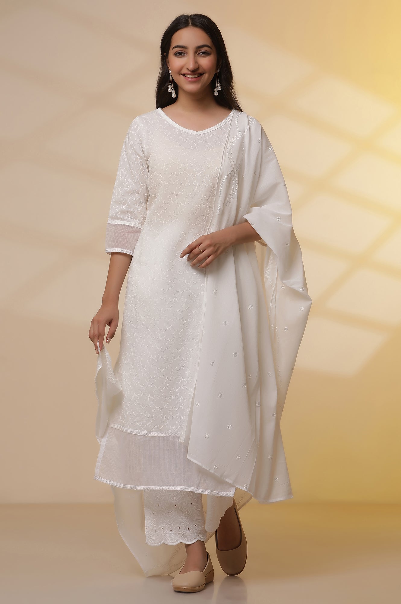 White Embroidered Cotton Kurta, Palazzo and Duptta Set