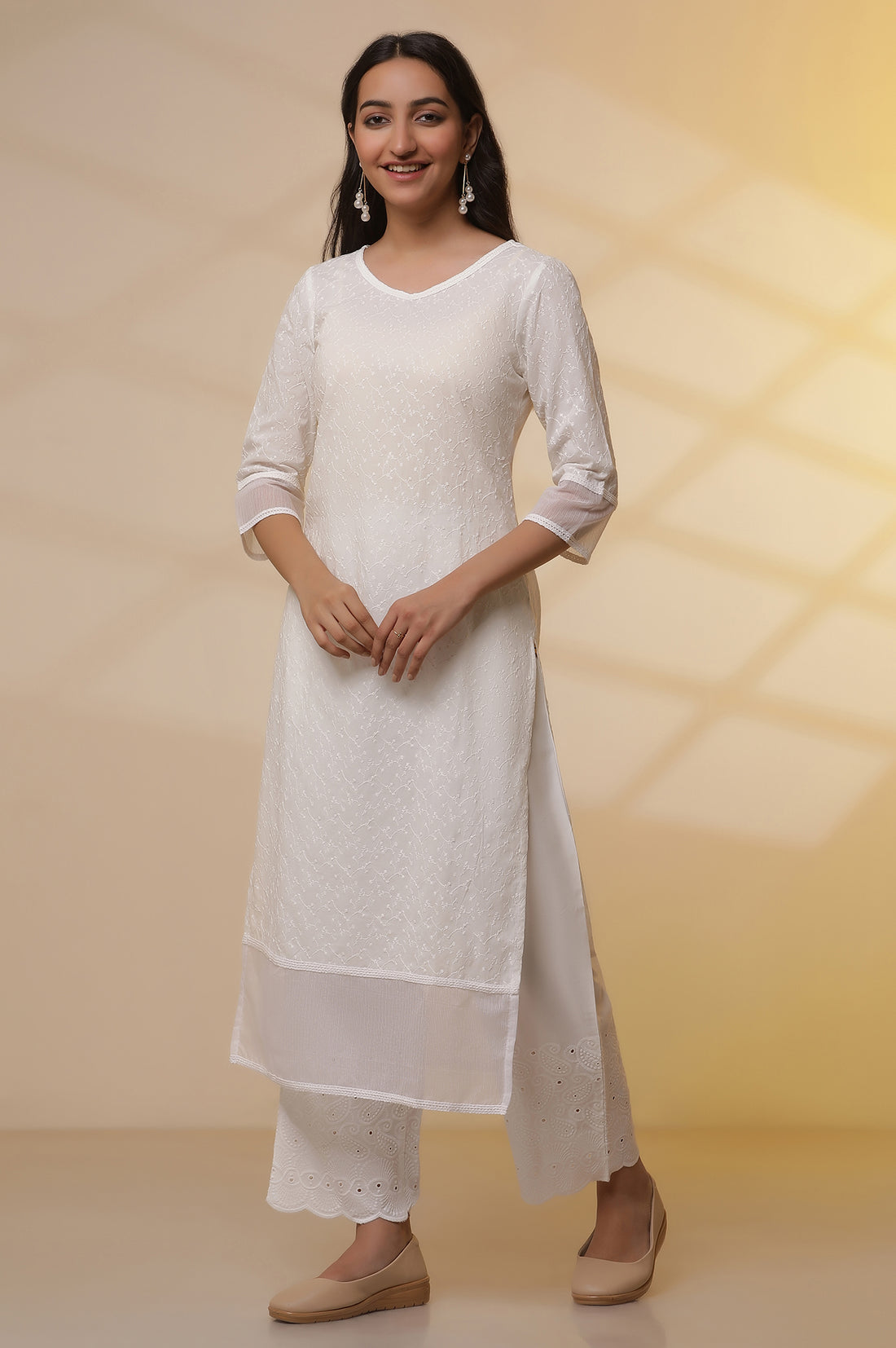 White Embroidered Cotton Kurta, Palazzo and Duptta Set