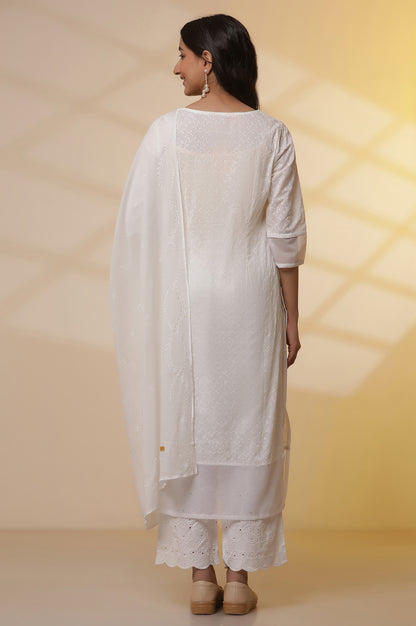 White Embroidered Cotton Kurta, Palazzo and Duptta Set