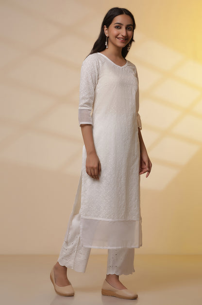 White Embroidered Cotton Kurta, Palazzo and Duptta Set