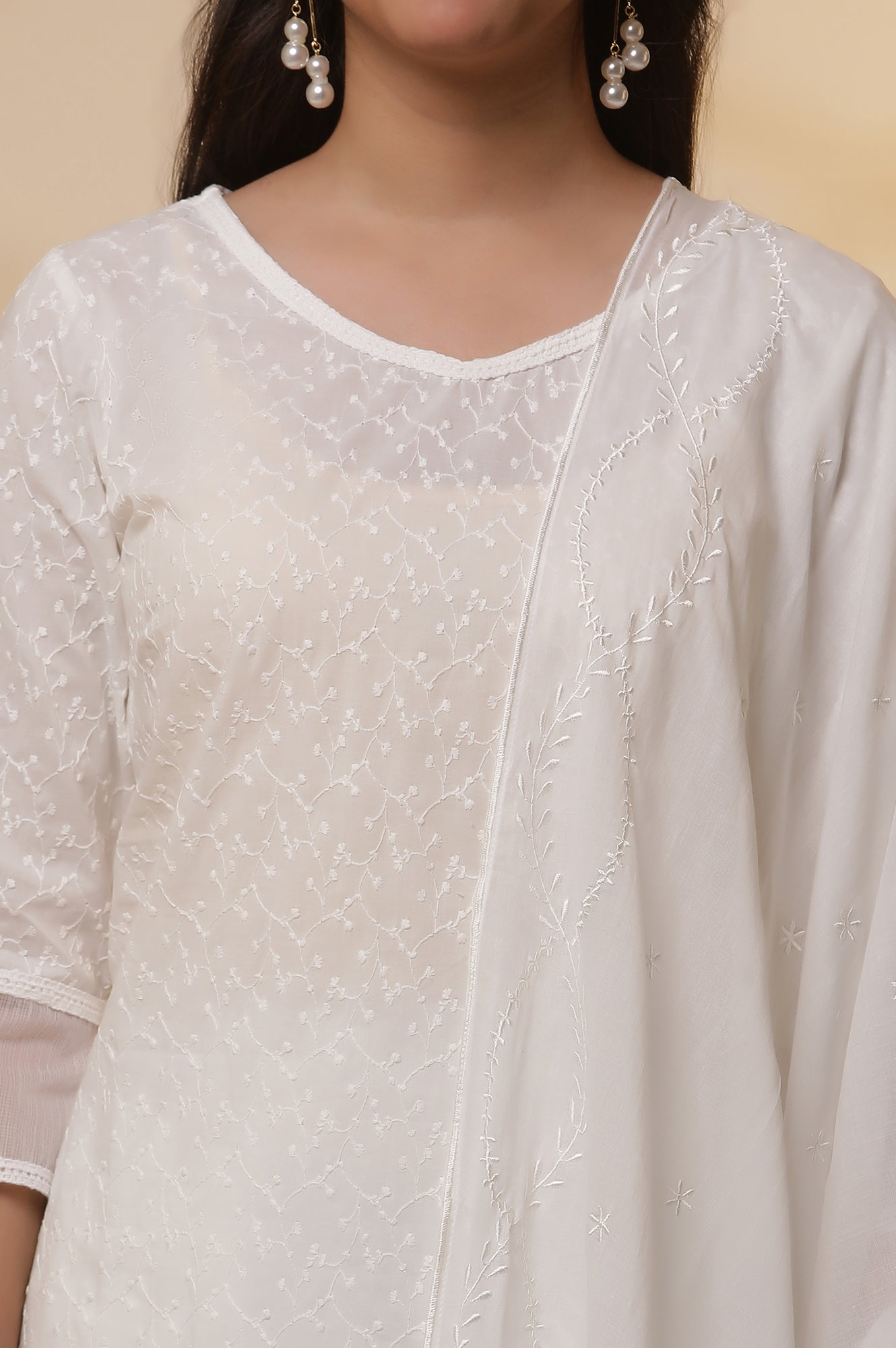 White Embroidered Cotton Kurta, Palazzo and Duptta Set