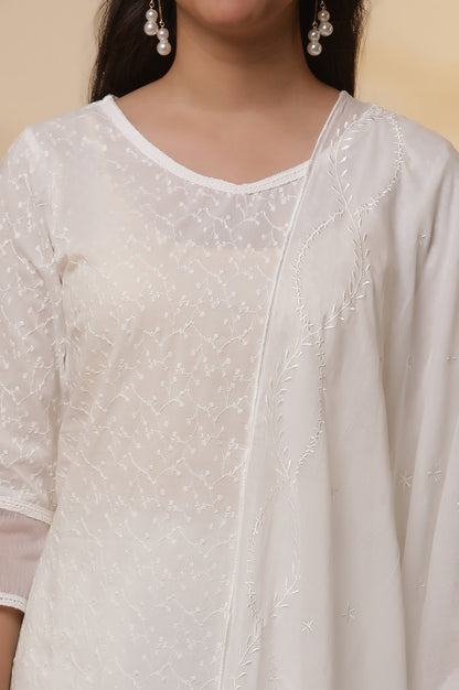 White Embroidered Cotton Kurta, Palazzo and Duptta Set