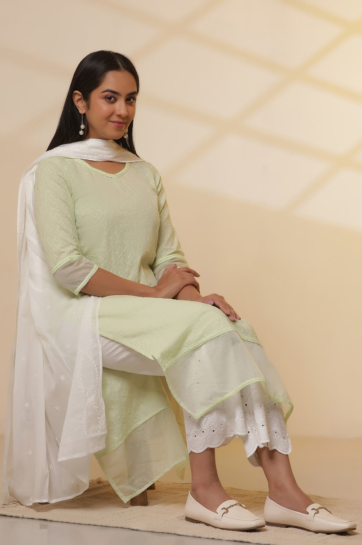 Elleven Women's Green Embroidered Schiffli Kurta, Palazzo and Dupatta Set - XS