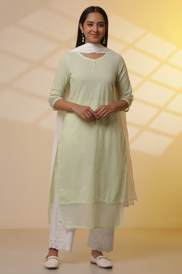 Green Embroidered Schiffli Kurta, Palazzo and Dupatta Set