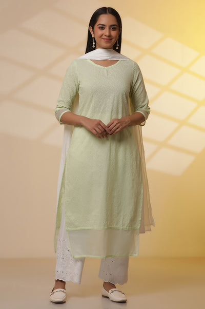 Green Embroidered Schiffli Kurta, Palazzo and Dupatta Set