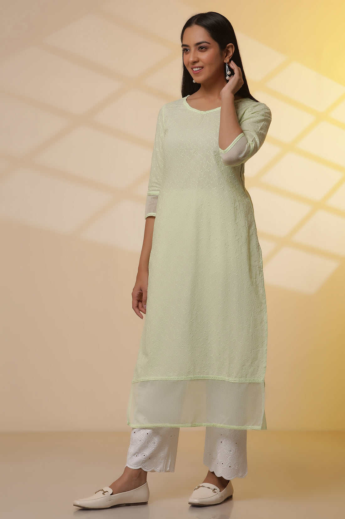 Green Embroidered Schiffli Kurta, Palazzo and Dupatta Set