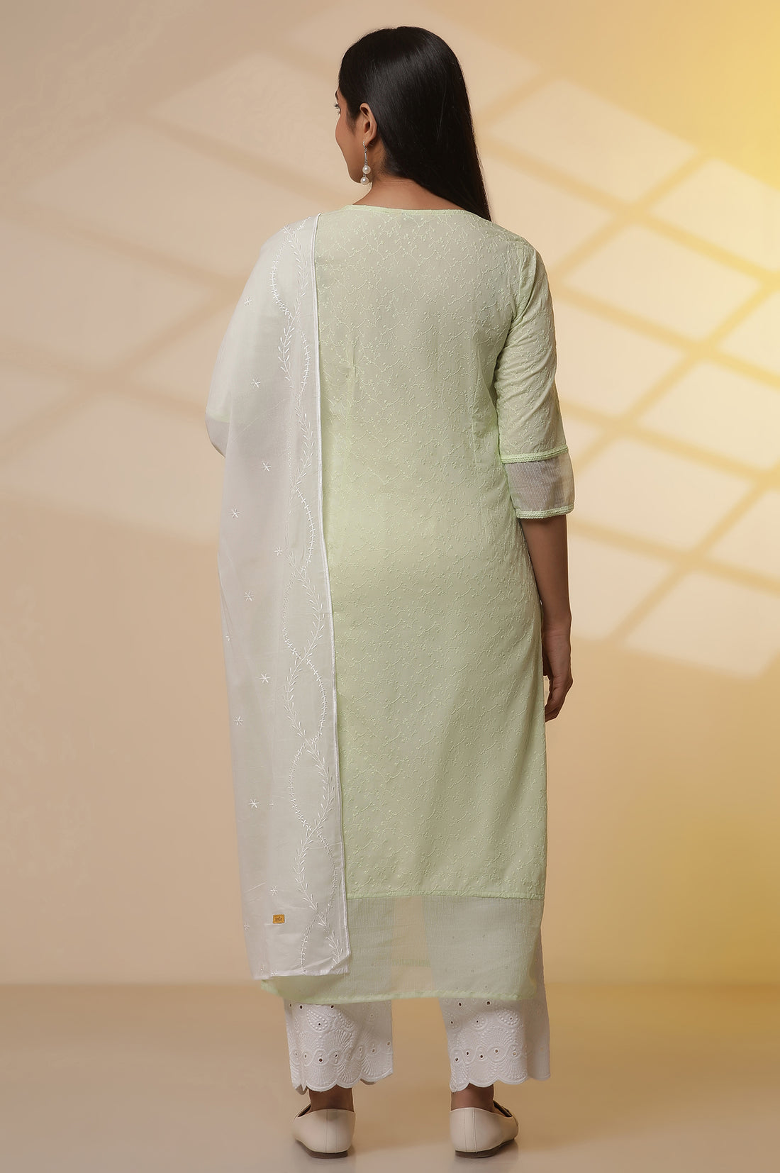 Green Embroidered Schiffli Kurta, Palazzo and Dupatta Set
