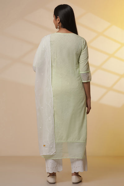 Green Embroidered Schiffli Kurta, Palazzo and Dupatta Set