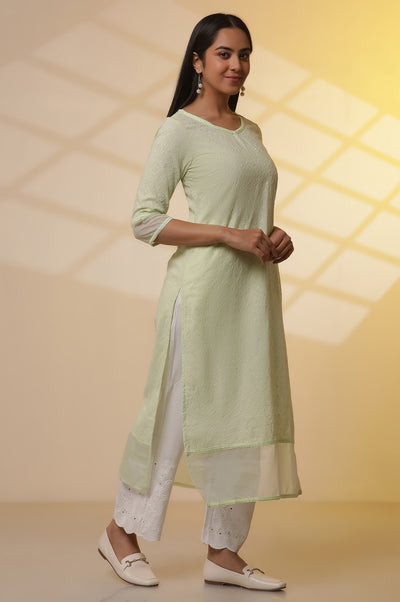 Green Embroidered Schiffli Kurta, Palazzo and Dupatta Set