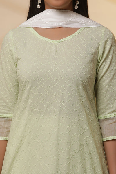 Green Embroidered Schiffli Kurta, Palazzo and Dupatta Set