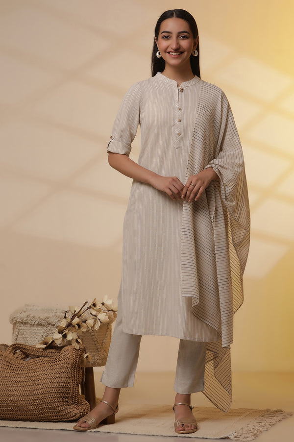Beige Yarn-Dyed Straight Kurta, Trousers and Dupatta Set