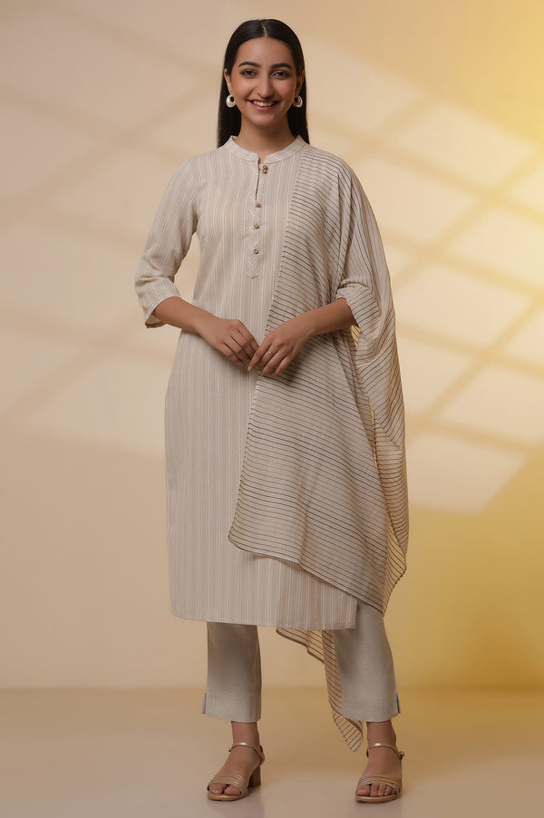 Beige Yarn-Dyed Straight Kurta, Trousers and Dupatta Set