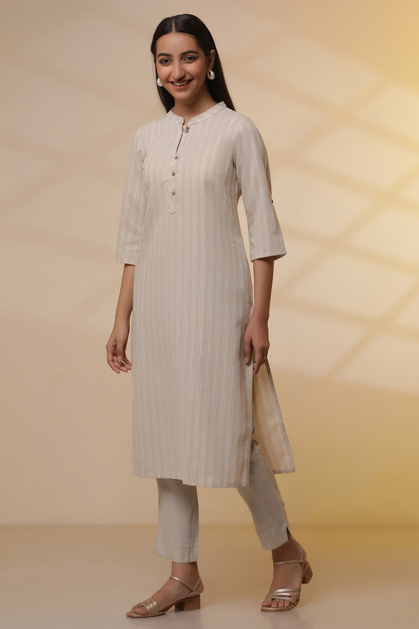 Beige Yarn-Dyed Straight Kurta, Trousers and Dupatta Set