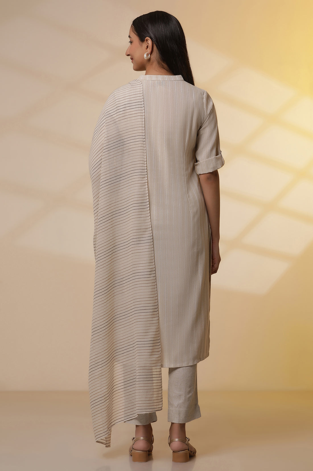 Beige Yarn-Dyed Straight Kurta, Trousers and Dupatta Set