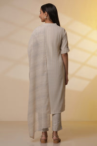 Beige Yarn-Dyed Straight Kurta, Trousers and Dupatta Set