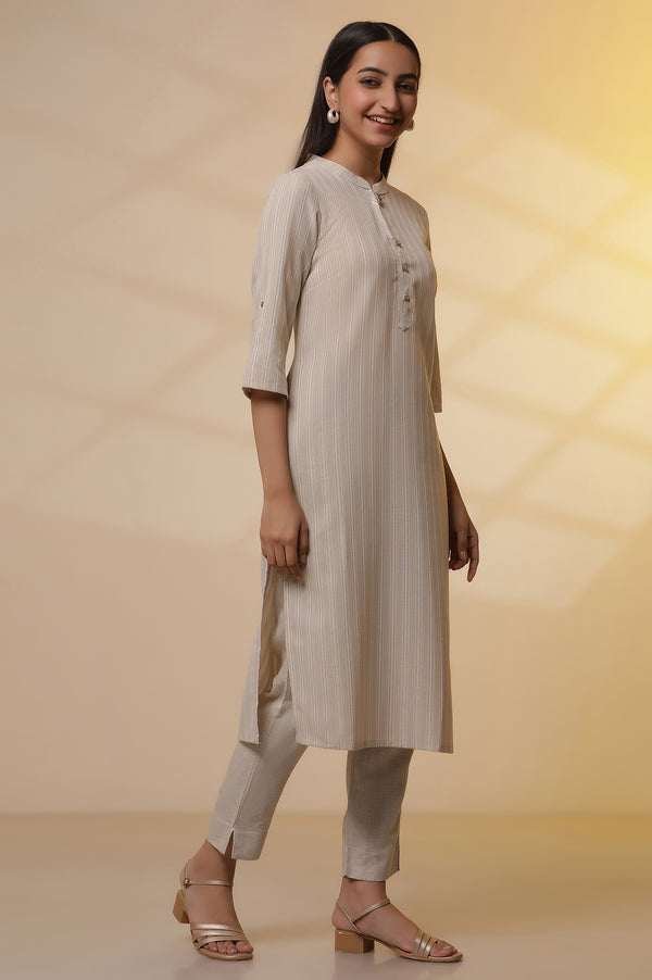 Beige Yarn-Dyed Straight Kurta, Trousers and Dupatta Set