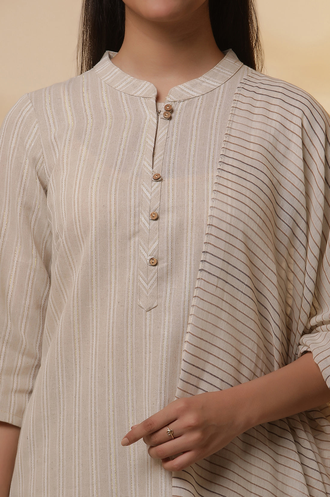 Beige Yarn-Dyed Straight Kurta, Trousers and Dupatta Set