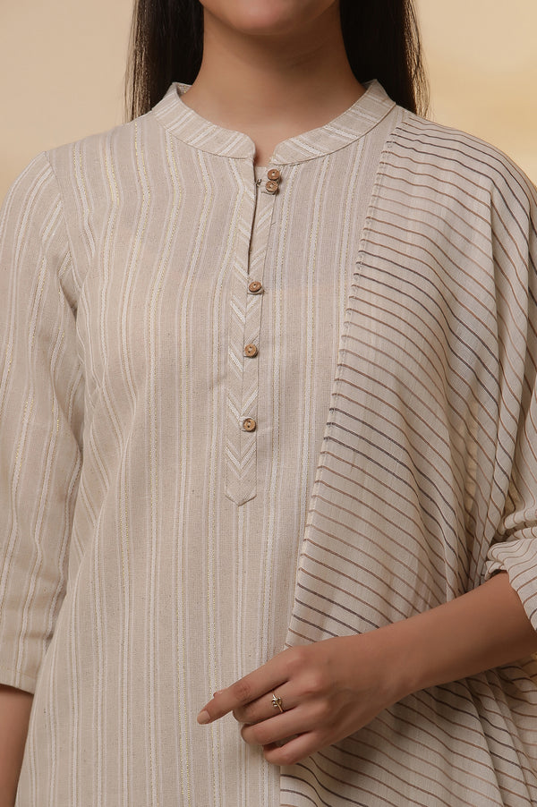 Beige Yarn-Dyed Straight Kurta, Trousers and Dupatta Set