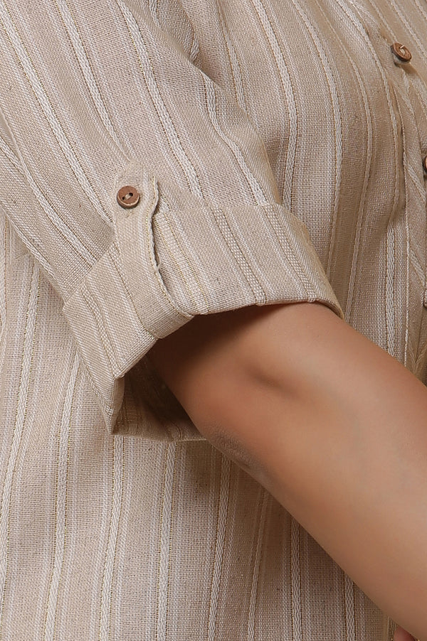 Beige Yarn-Dyed Straight Kurta, Trousers and Dupatta Set