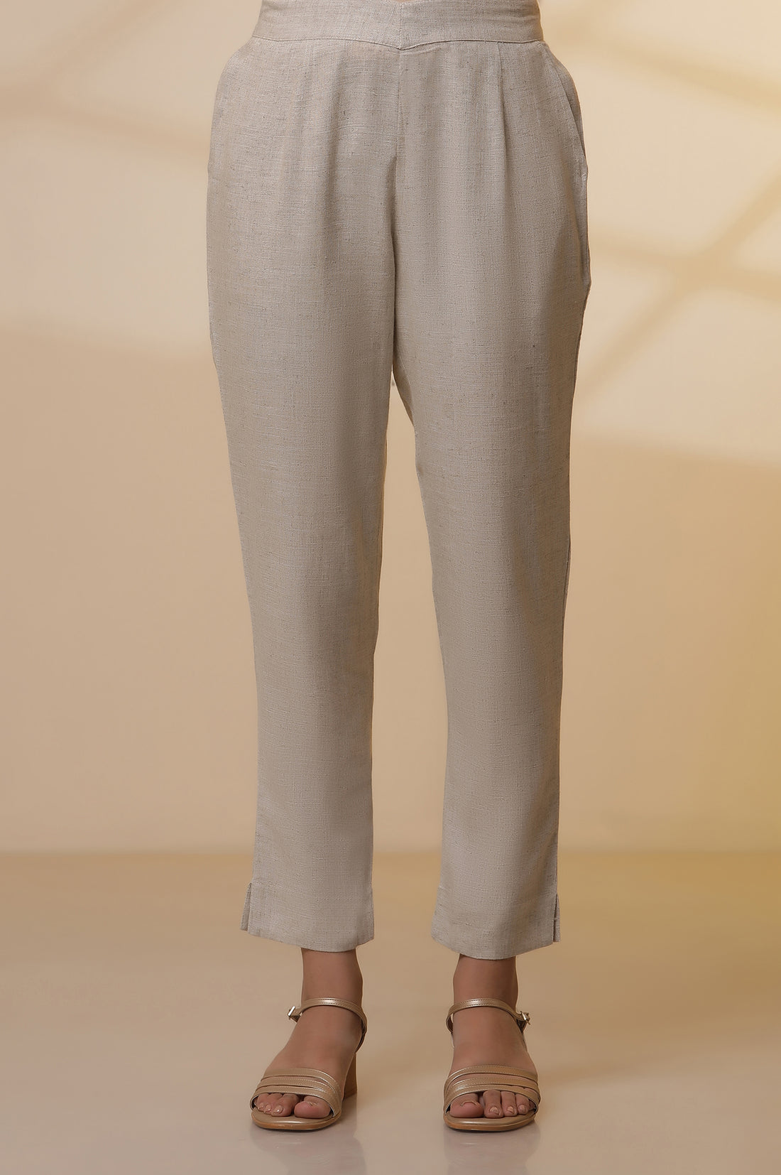 Beige Yarn-Dyed Straight Kurta, Trousers and Dupatta Set