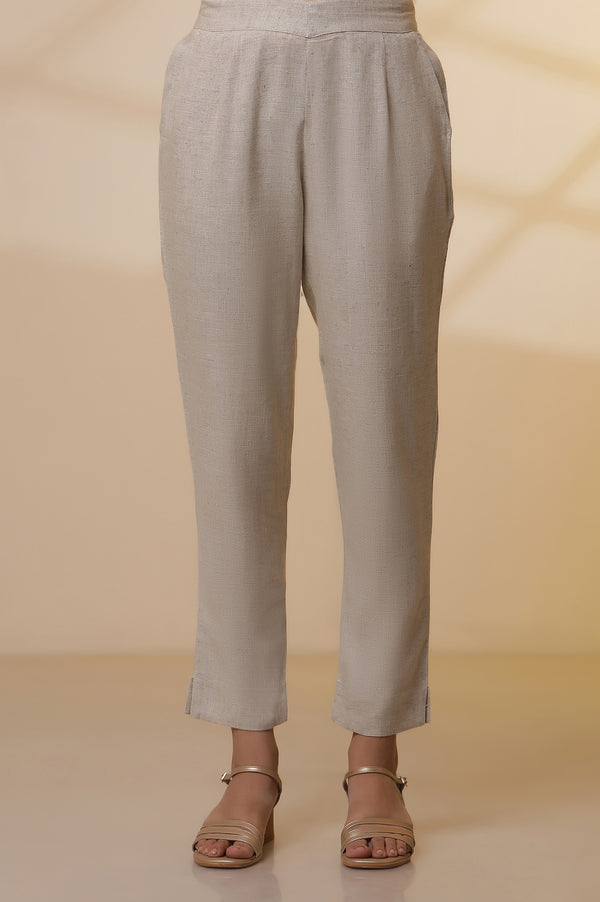 Beige Yarn-Dyed Straight Kurta, Trousers and Dupatta Set
