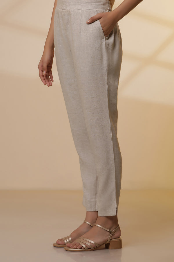 Beige Yarn-Dyed Straight Kurta, Trousers and Dupatta Set