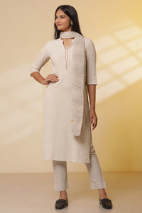 Light-Beige-Cotton-Flax-Kurta,-Pants-with-Dupatta-Set