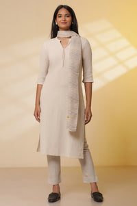 Light-Beige-Cotton-Flax-Kurta,-Pants-with-Dupatta-Set