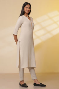 Light-Beige-Cotton-Flax-Kurta,-Pants-with-Dupatta-Set