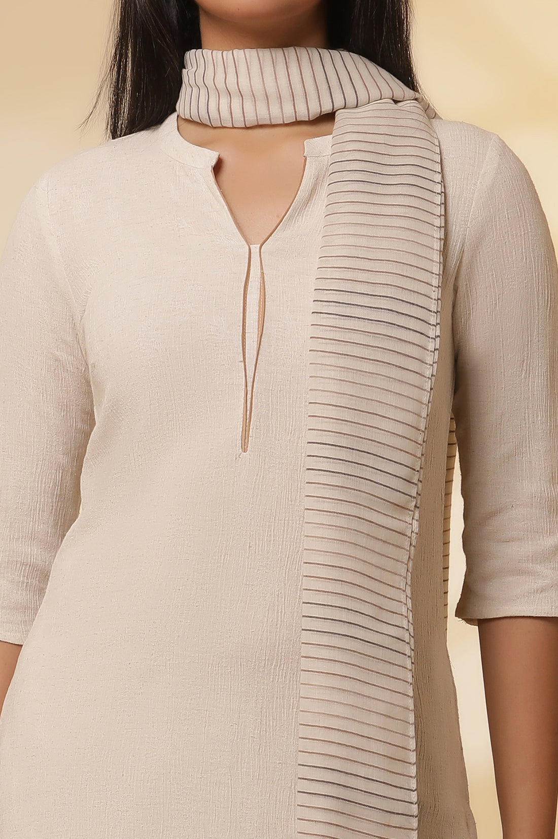 Light-Beige-Cotton-Flax-Kurta,-Pants-with-Dupatta-Set