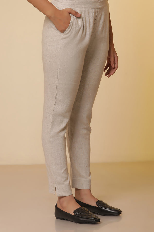 Light Beige Cotton Flax Kurta, Pants with Dupatta Set