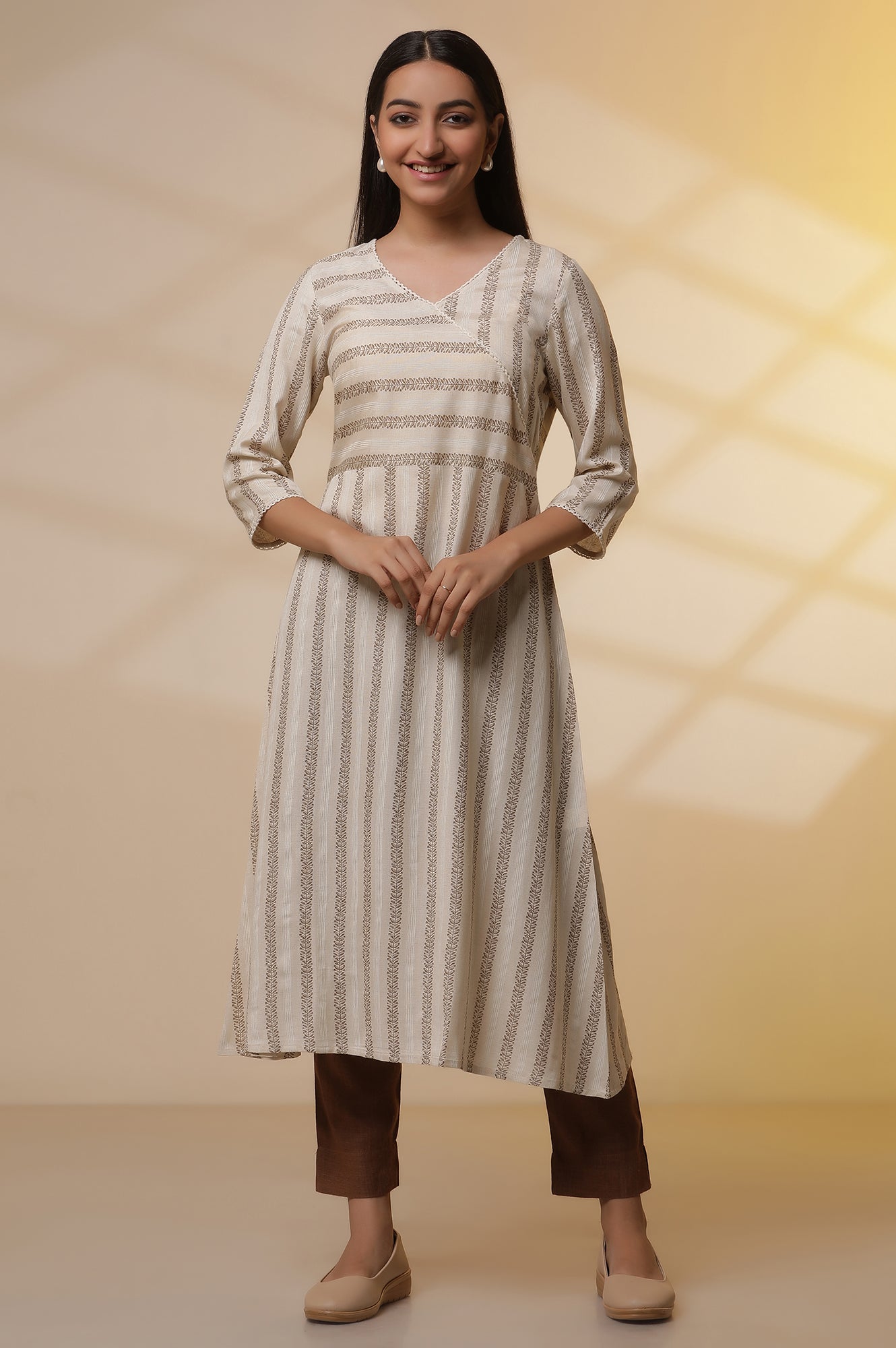 Light Beige Mock Angrakha Kurta and Trousers Set