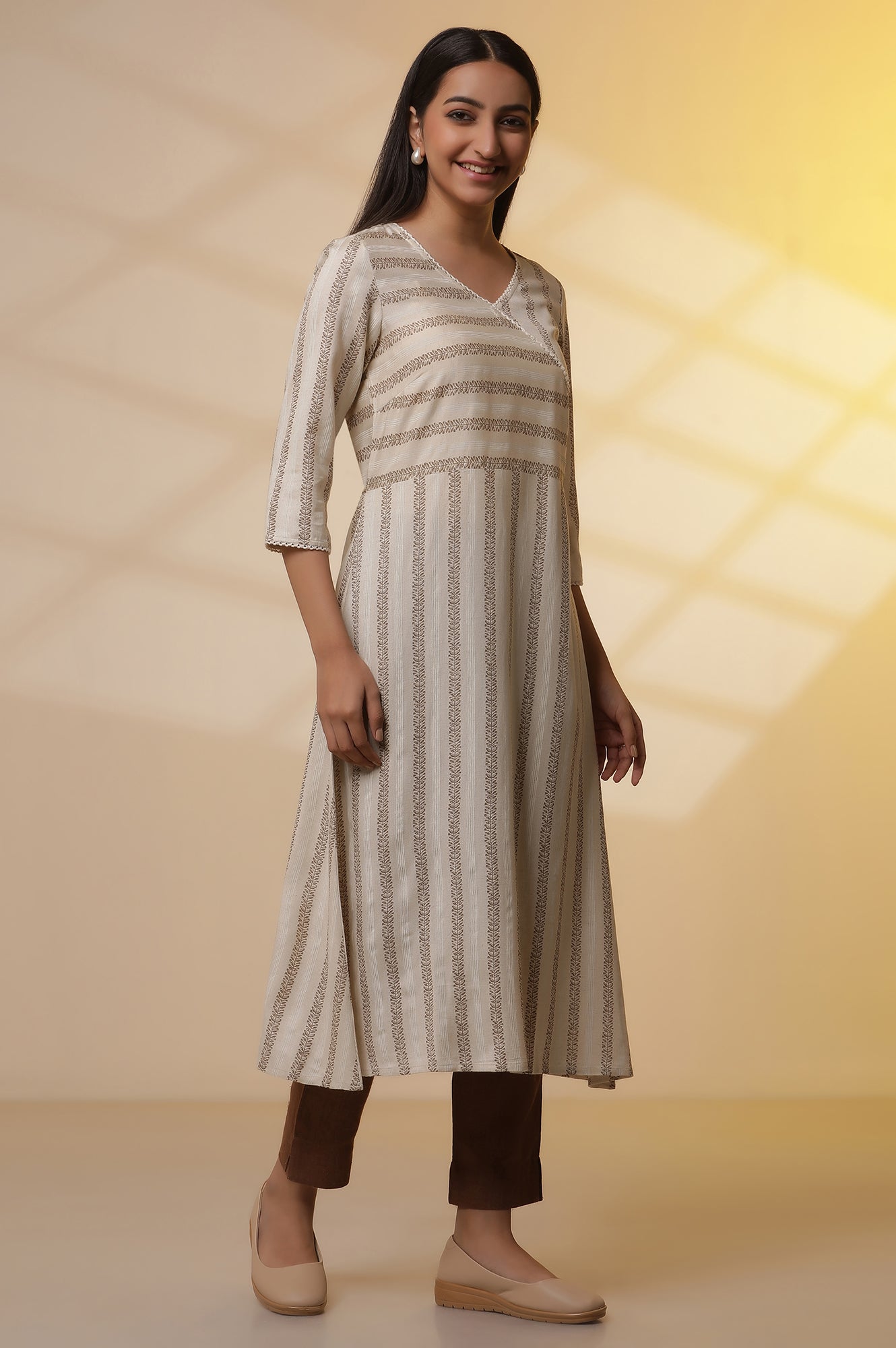 Light Beige Mock Angrakha Kurta and Trousers Set