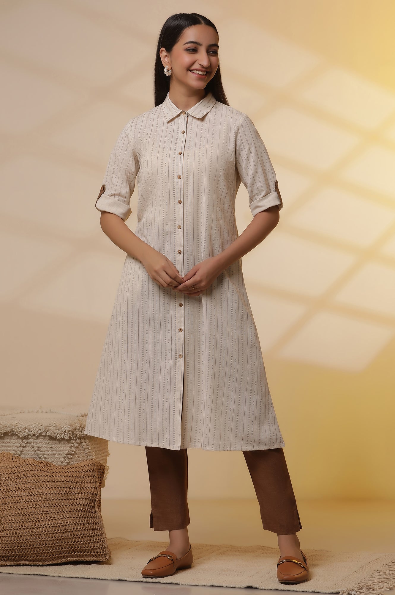 Natural Striped Cotton Flax Dress and Trousers Set