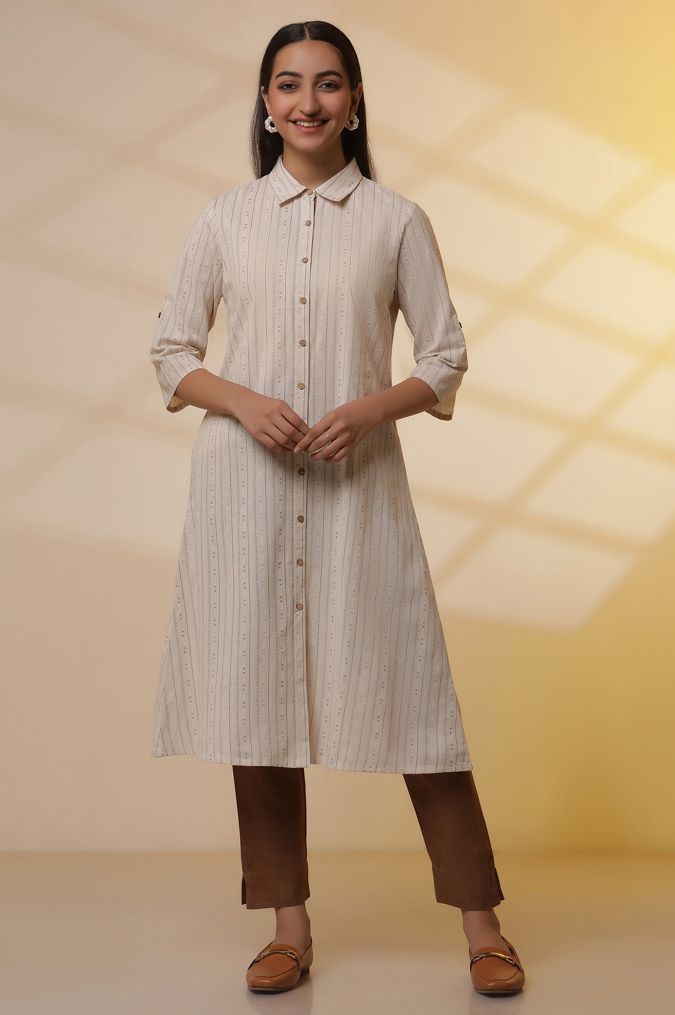 Natural Striped Cotton Flax Dress and Trousers Set