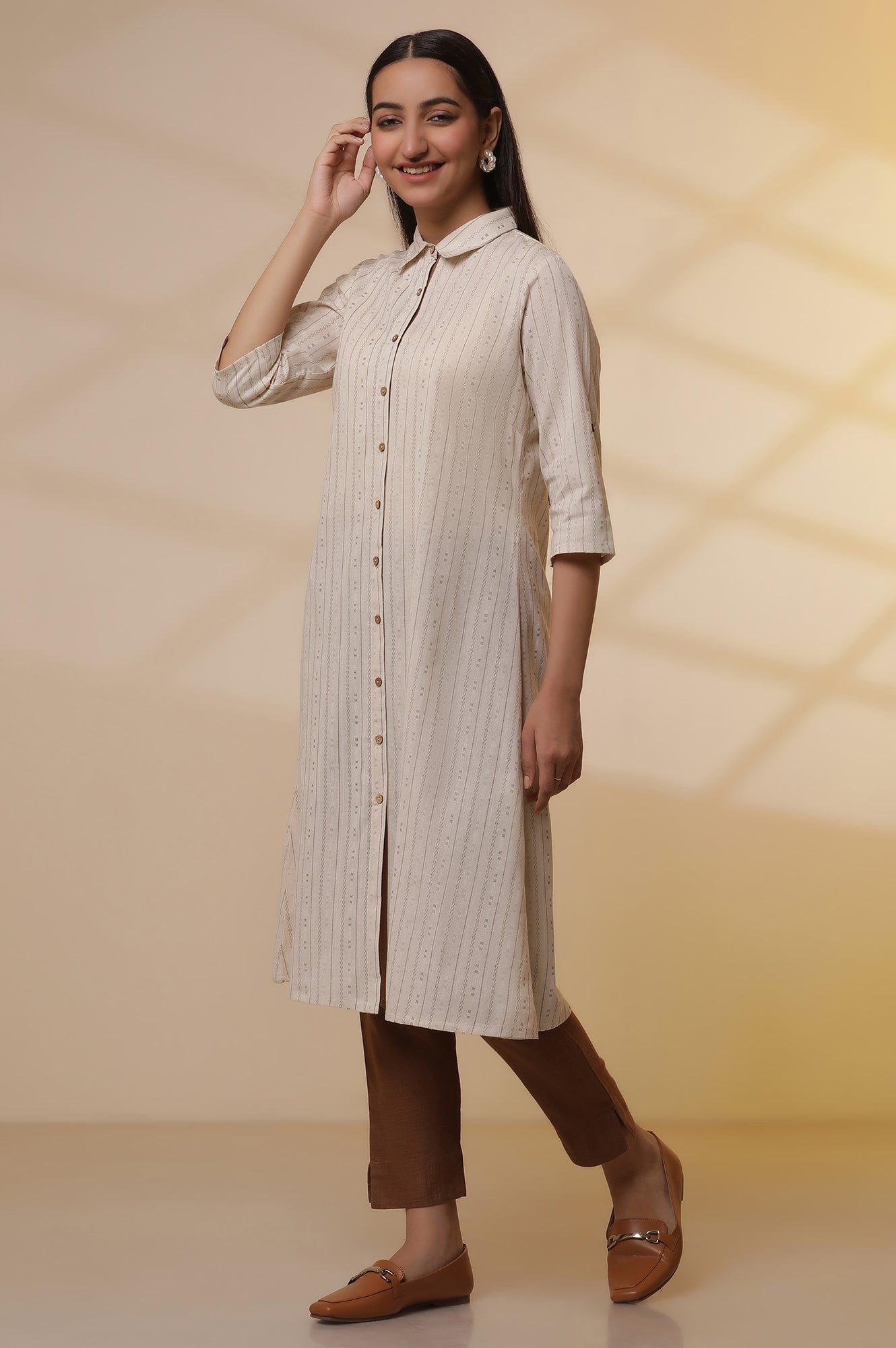 Natural Striped Cotton Flax Dress and Trousers Set