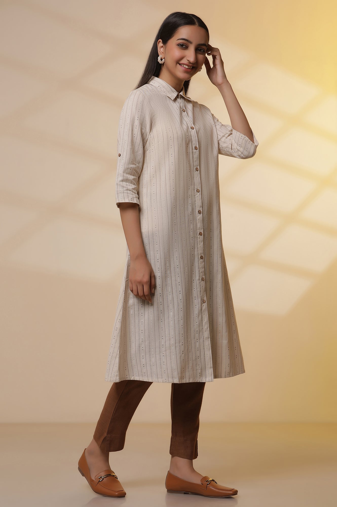 Natural Striped Cotton Flax Dress and Trousers Set