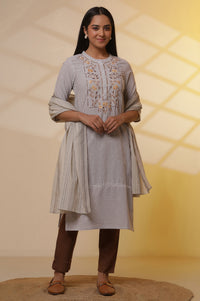 Off-White Stripe Printed Cotton Kurta, Trousers and Dupatta Set