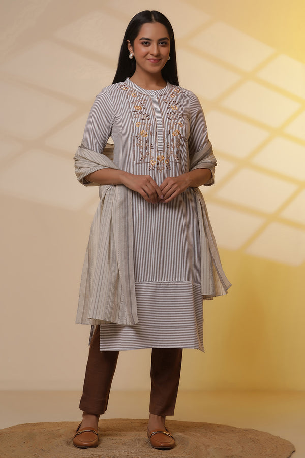 Off-White Stripe Printed Cotton Kurta, Trousers and Dupatta Set