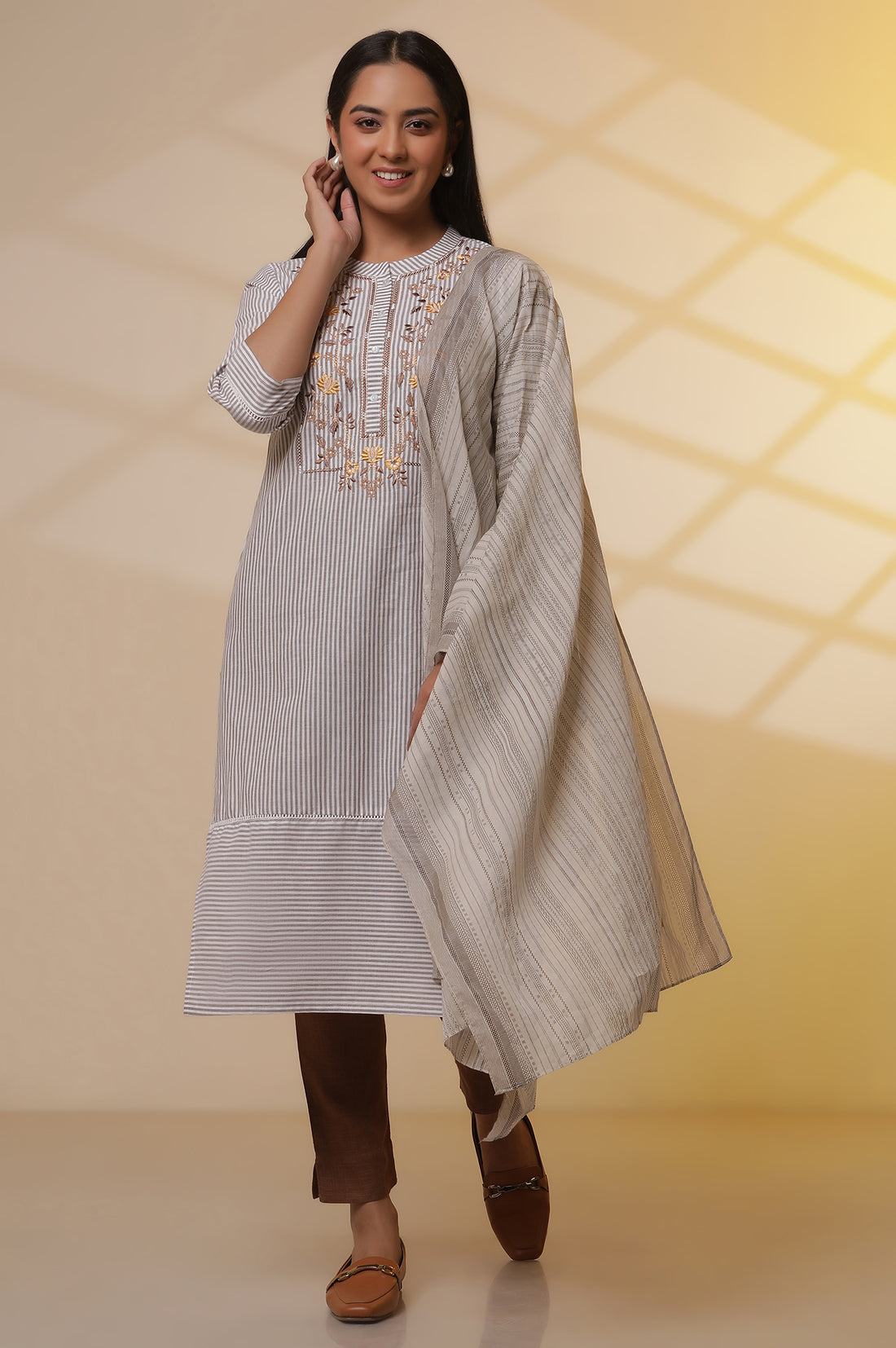 Off-White Stripe Printed Cotton Kurta, Trousers and Dupatta Set