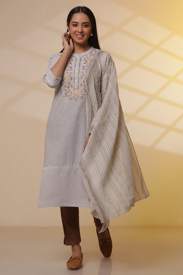 Off-White Stripe Printed Cotton Kurta, Trousers and Dupatta Set