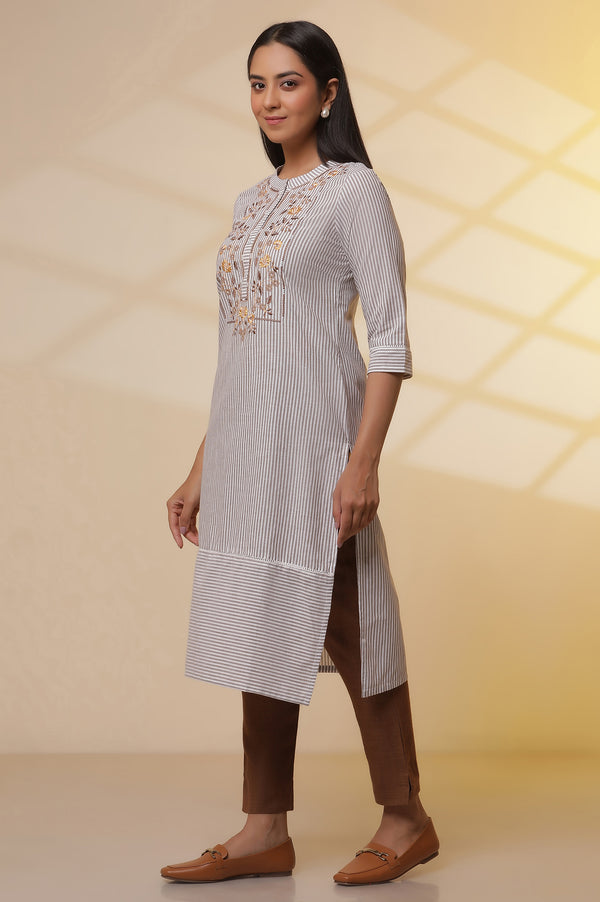 Off-White Stripe Printed Cotton Kurta, Trousers and Dupatta Set