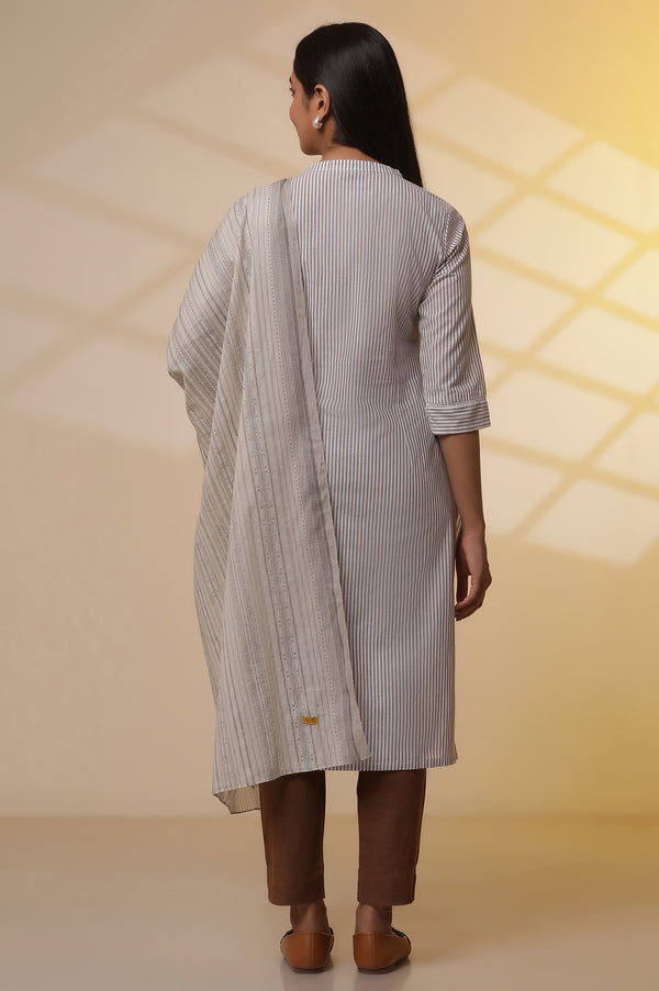 Off-White Stripe Printed Cotton Kurta, Trousers and Dupatta Set