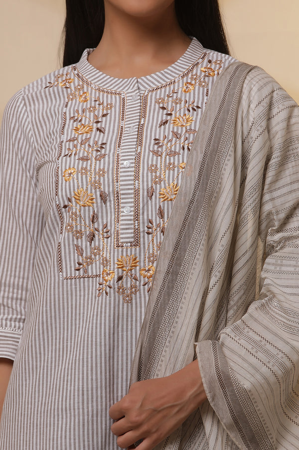 Off-White Stripe Printed Cotton Kurta, Trousers and Dupatta Set